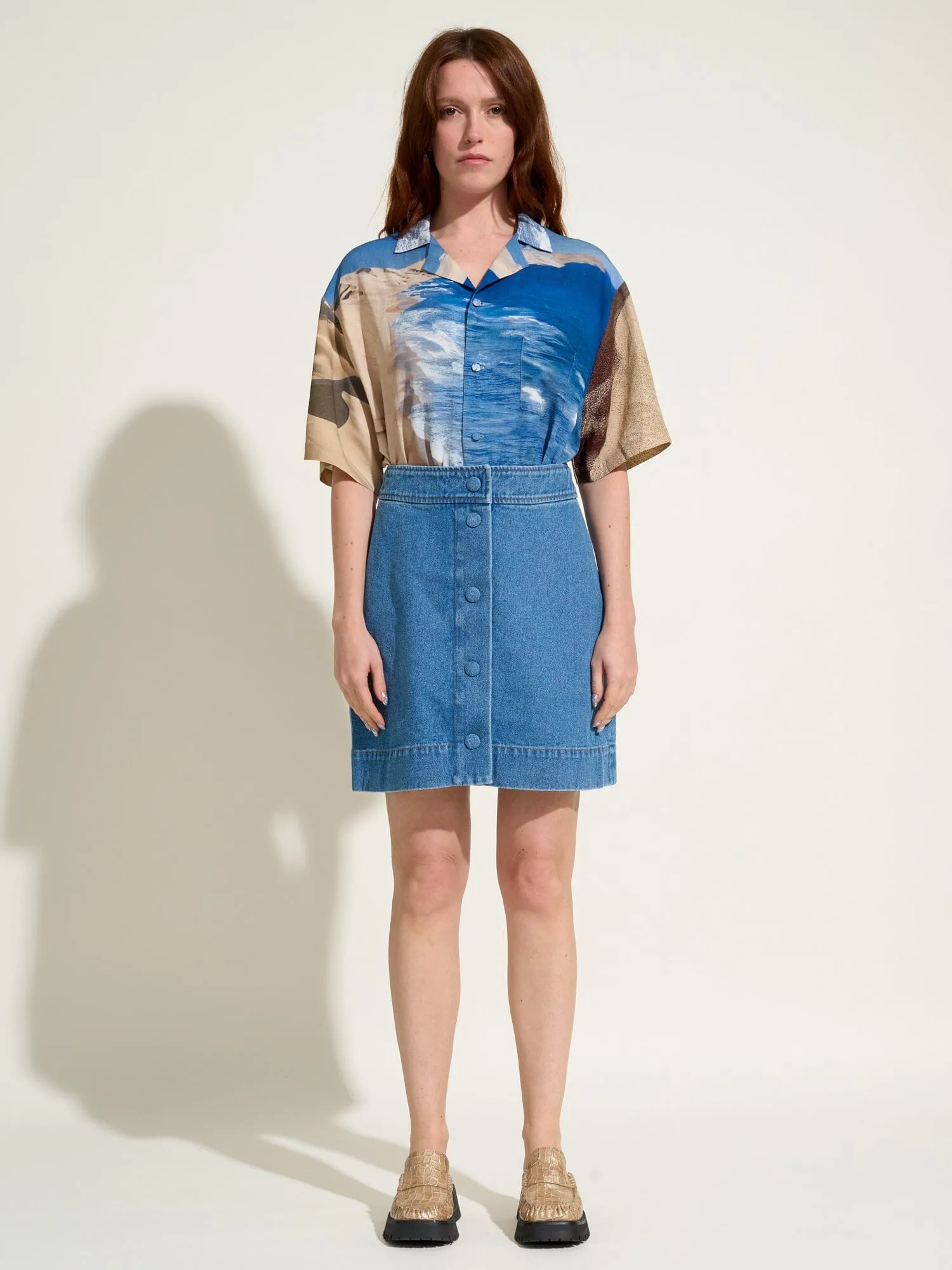 JOHANNE - Mini jupe boutonnée en denim délavé Oeko-Tex Bleu