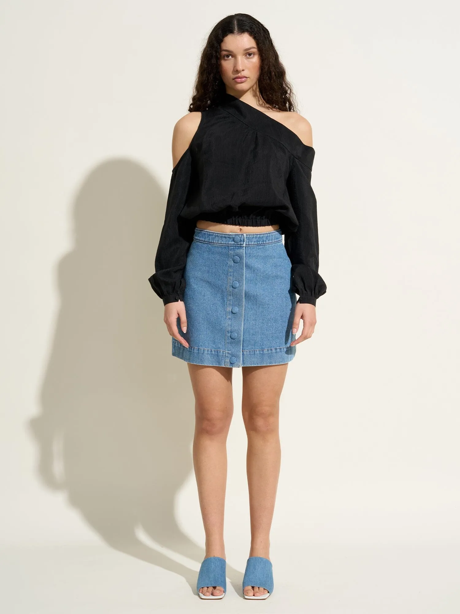 JOHANNE - Mini jupe boutonnée en denim délavé Oeko-Tex Bleu