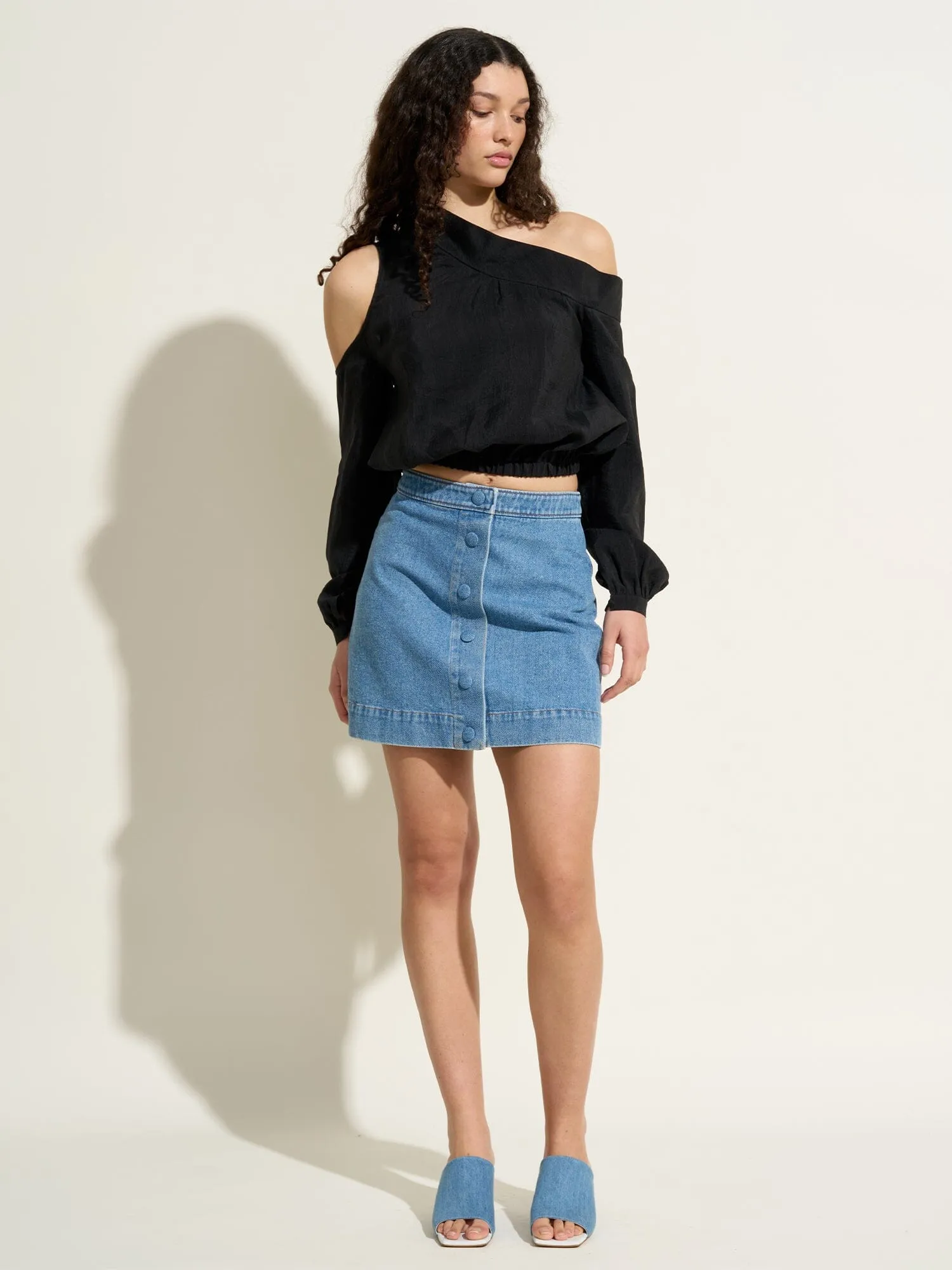 JOHANNE - Mini jupe boutonnée en denim délavé Oeko-Tex Bleu