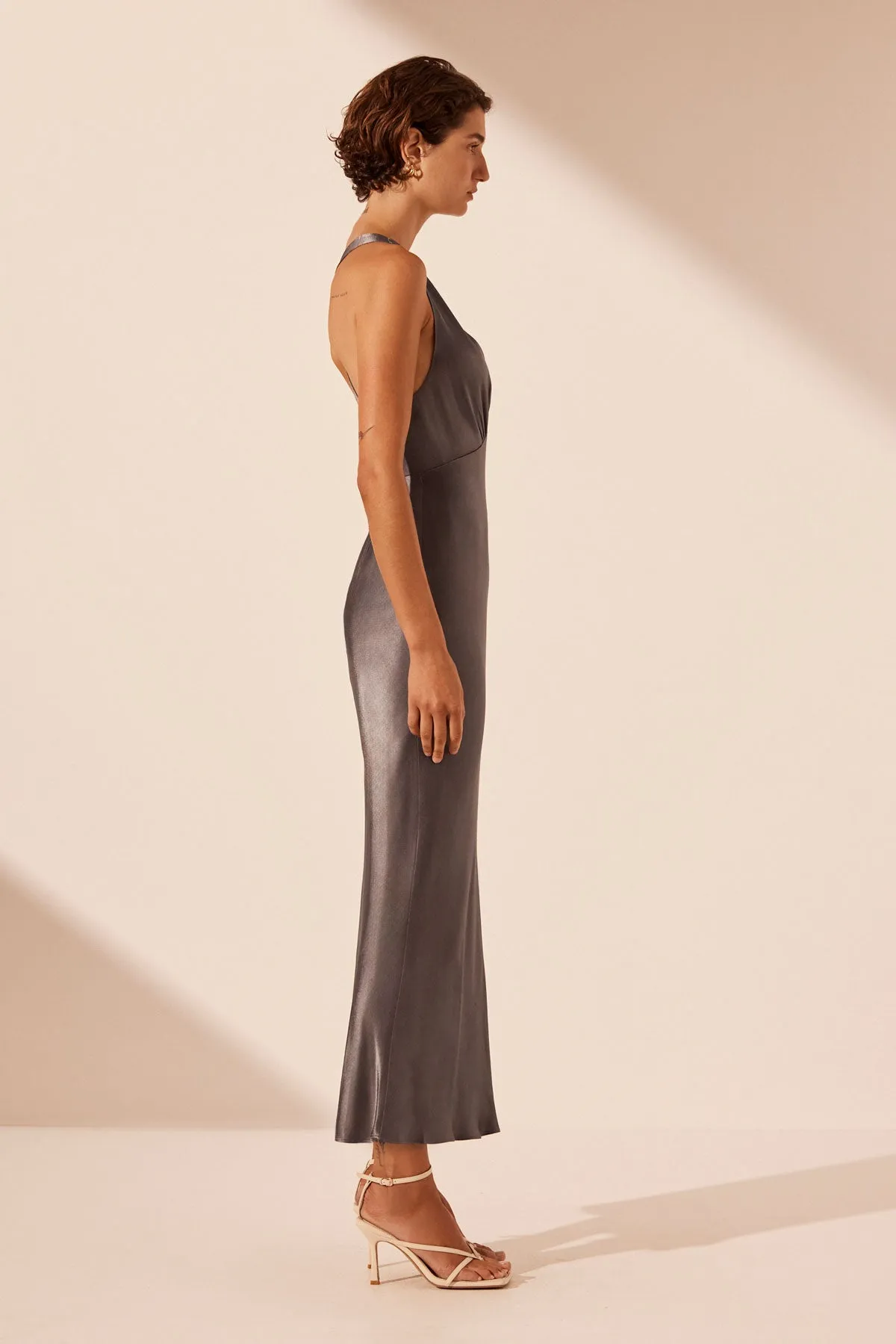 LA LUNE PLUNGED CROSS BACK MIDI DRESS - GRAPHITE