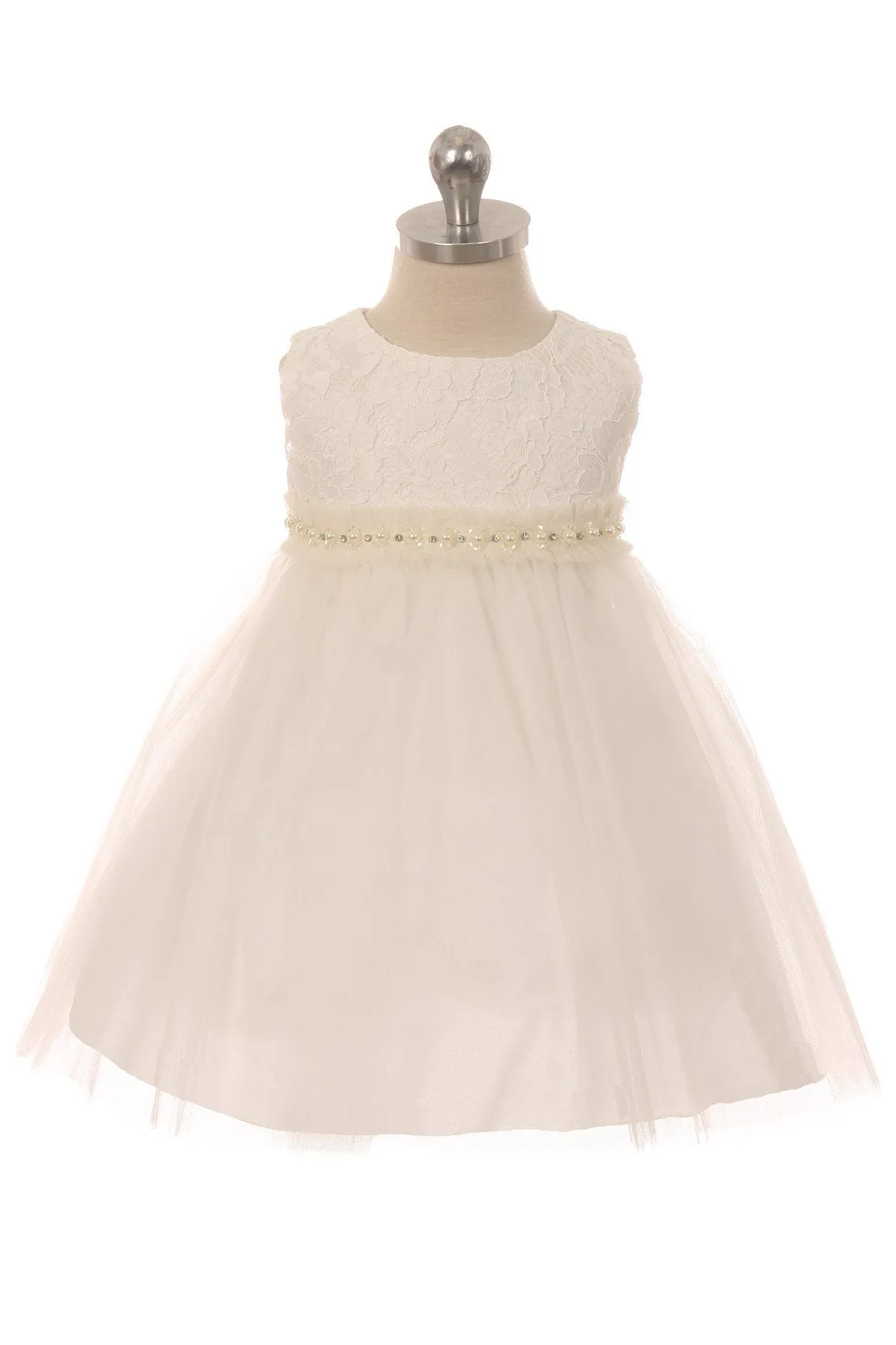 Lace Illusion Baby Dress with Mesh Pearl Trim
