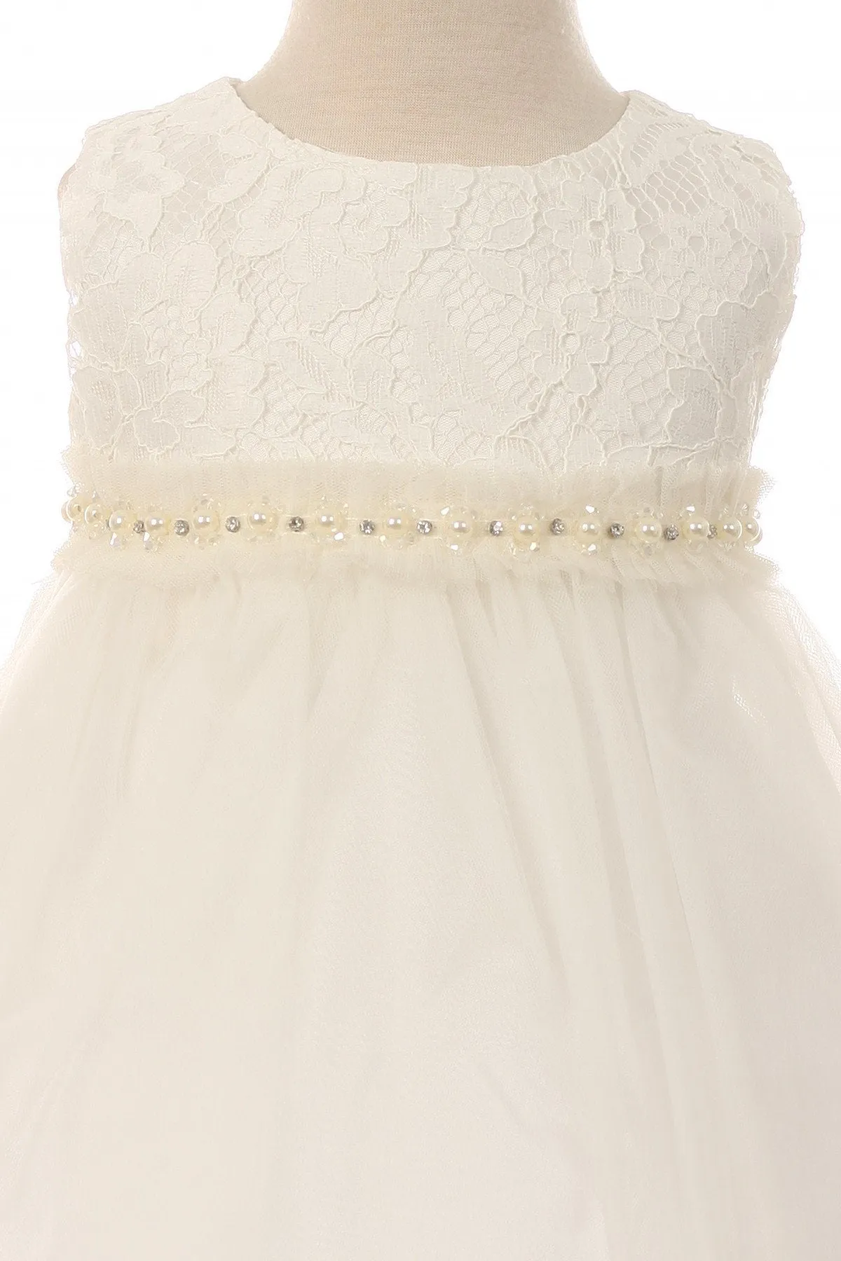 Lace Illusion Baby Dress with Mesh Pearl Trim