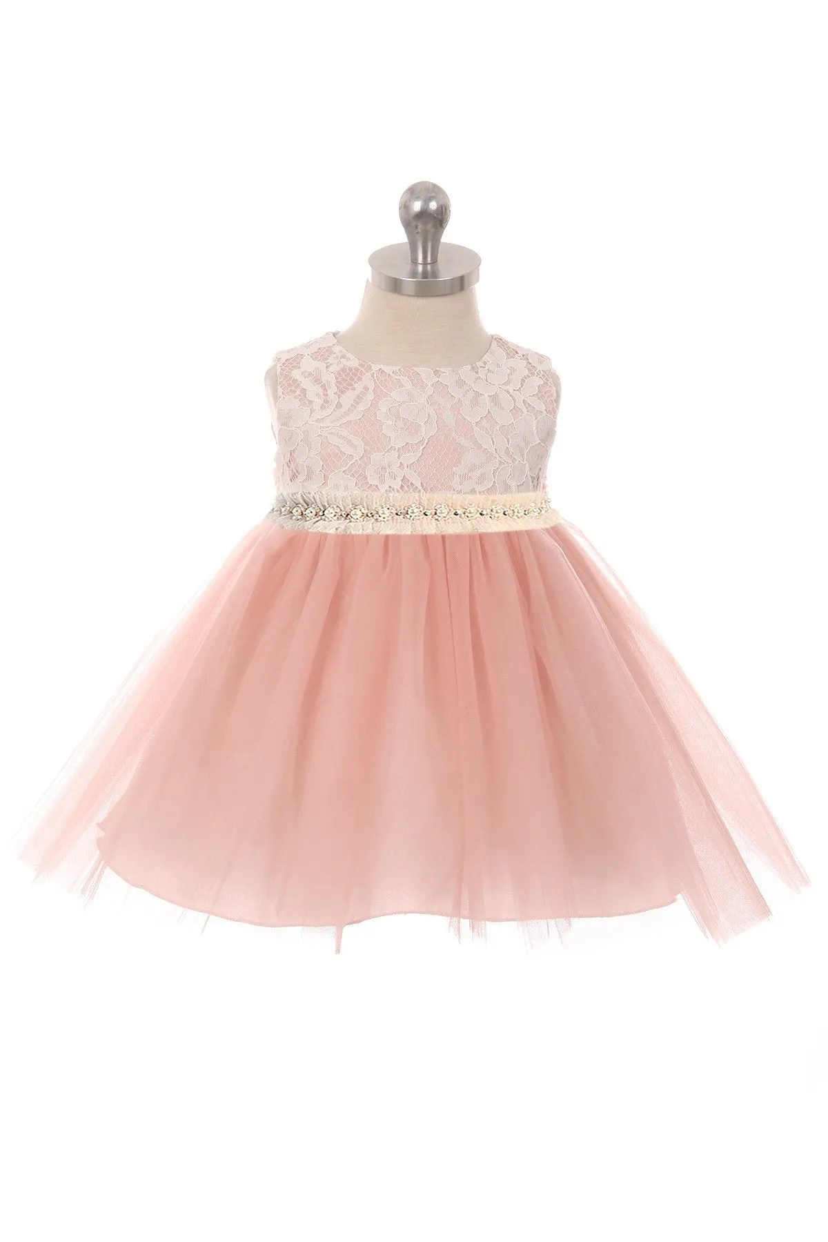 Lace Illusion Baby Dress with Mesh Pearl Trim