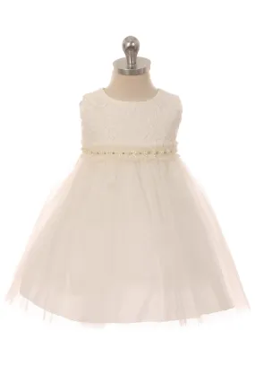 Lace Illusion Baby Dress with Mesh Pearl Trim
