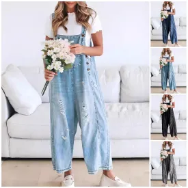 Limited time sale 50% OFFWomen's Cute Casual Button Jumpsuit Ripped Denim Overalls