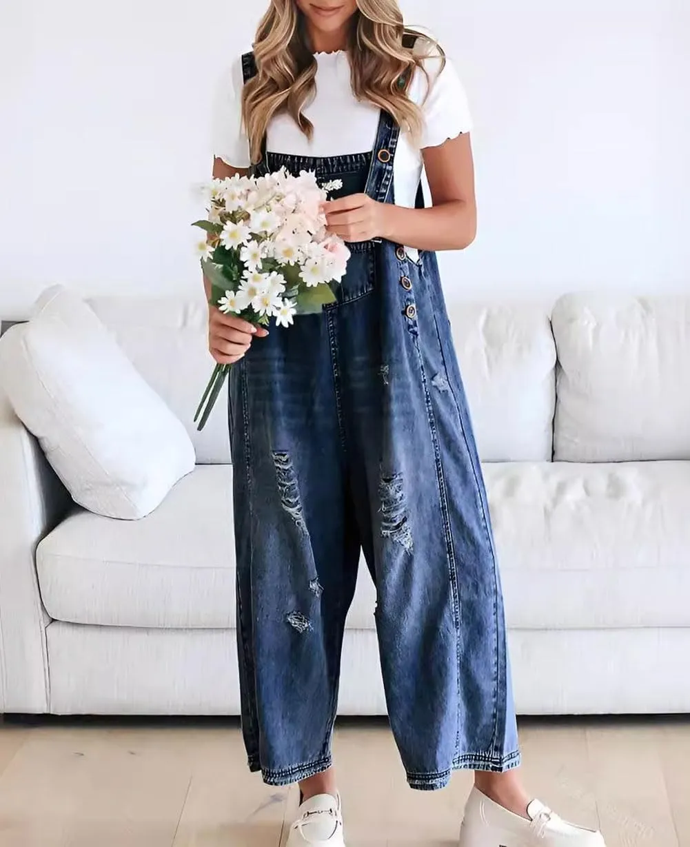 Limited time sale 50% OFFWomen's Cute Casual Button Jumpsuit Ripped Denim Overalls