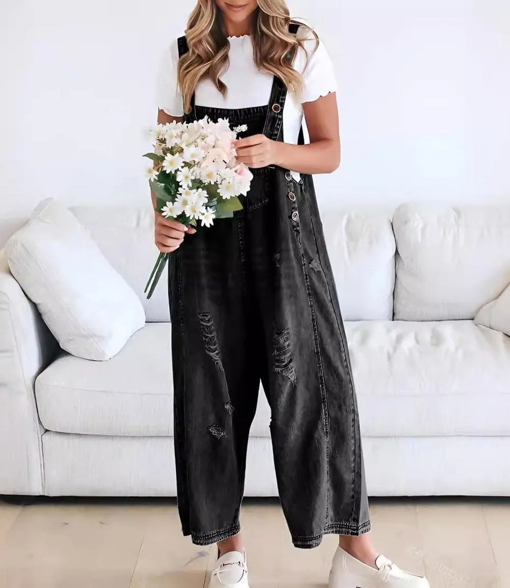Limited time sale 50% OFFWomen's Cute Casual Button Jumpsuit Ripped Denim Overalls