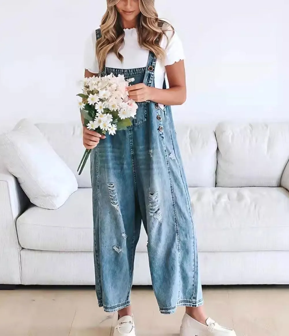 Limited time sale 50% OFFWomen's Cute Casual Button Jumpsuit Ripped Denim Overalls