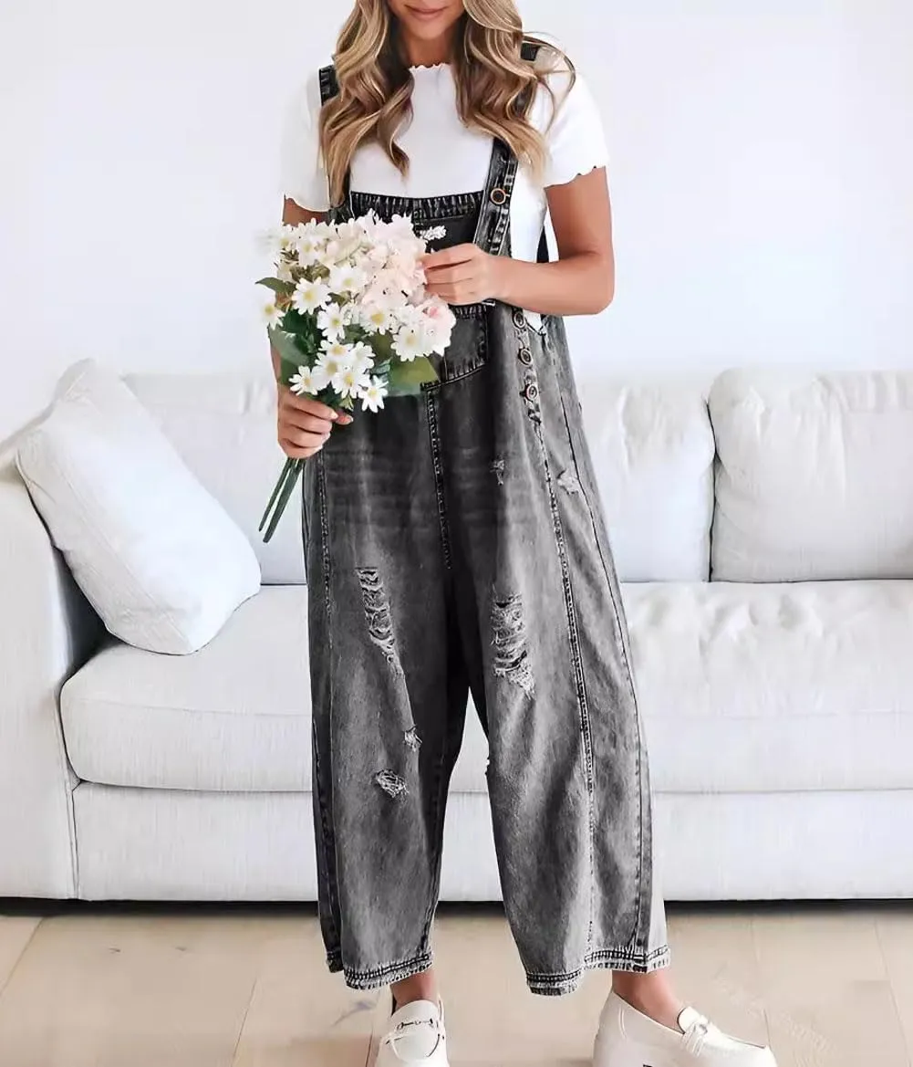 Limited time sale 50% OFFWomen's Cute Casual Button Jumpsuit Ripped Denim Overalls