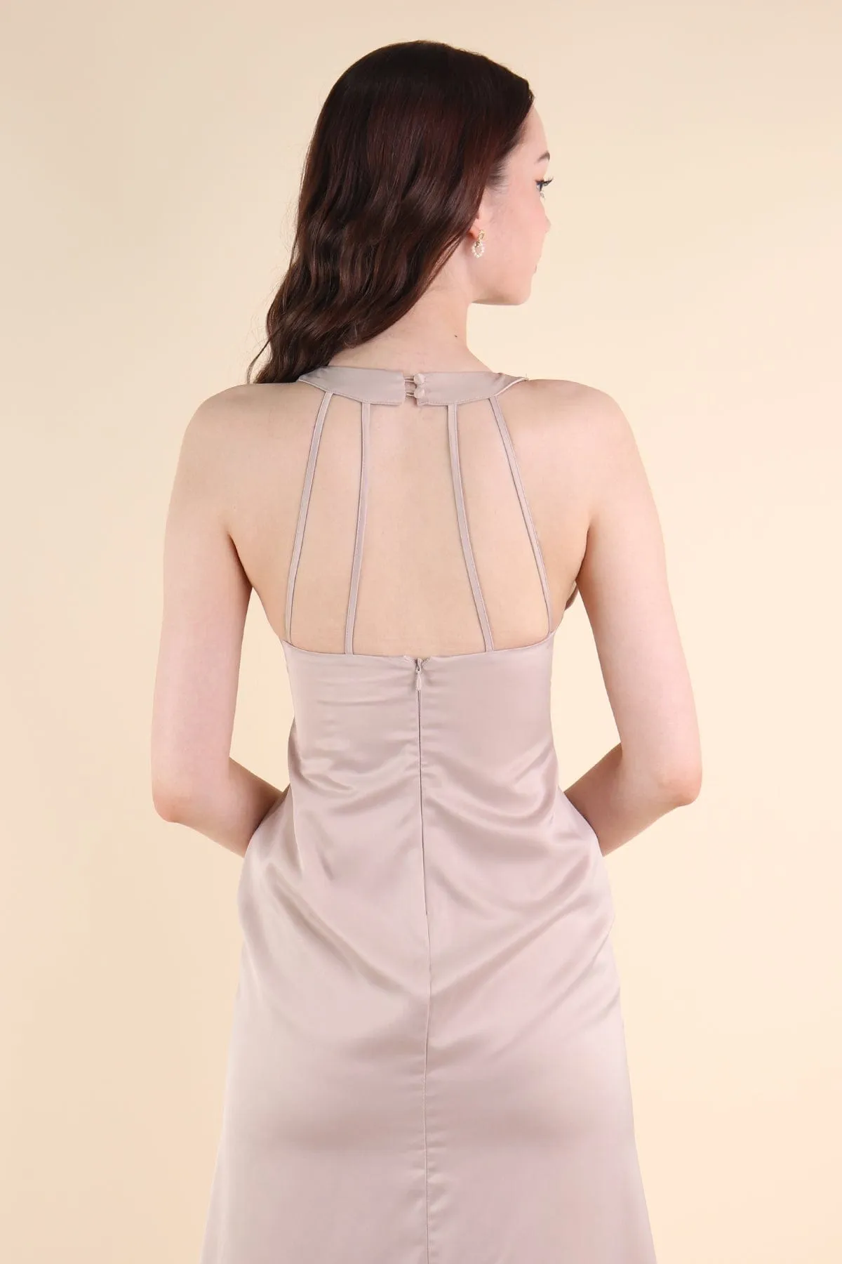 LUXURIE V-NECK MIDI DRESS IN CHAMPAGNE BEIGE