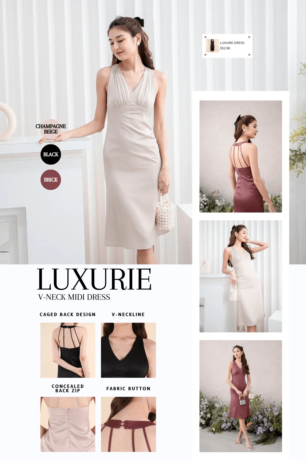 LUXURIE V-NECK MIDI DRESS IN CHAMPAGNE BEIGE
