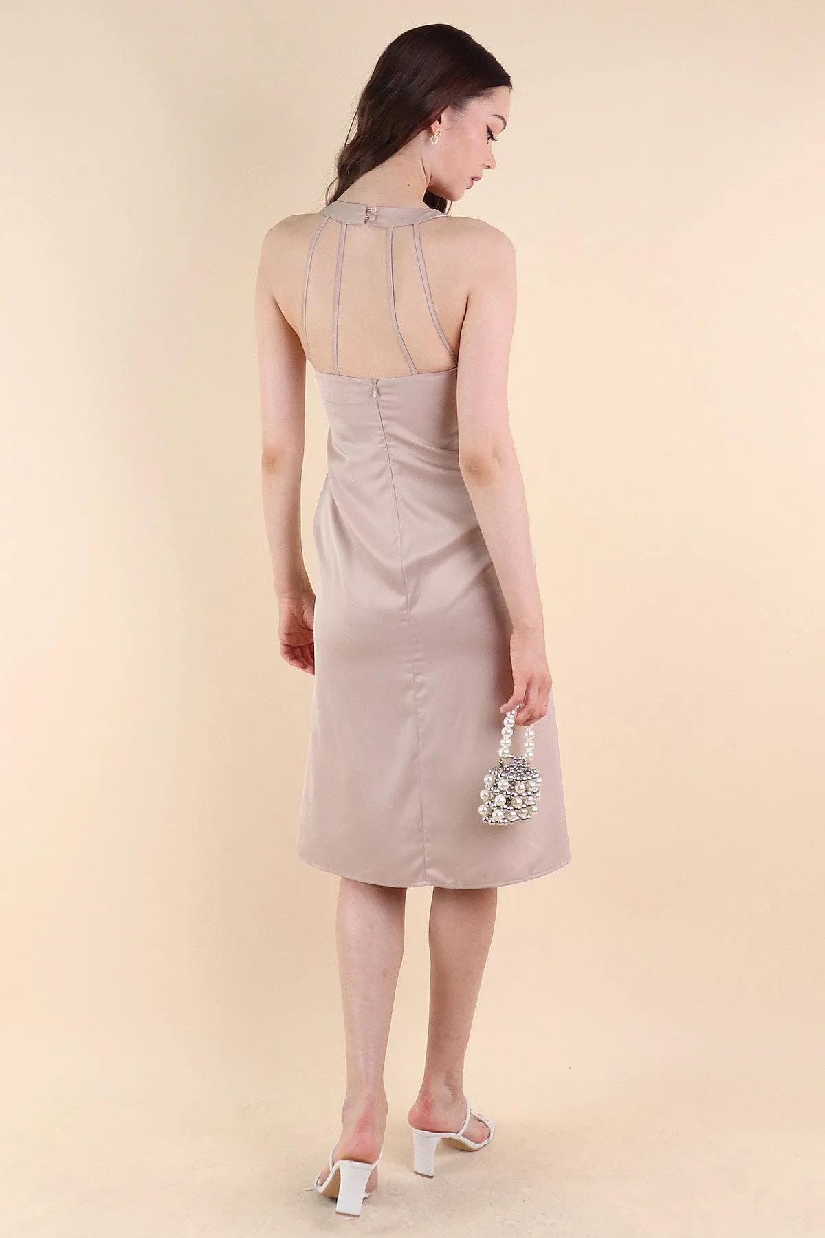 LUXURIE V-NECK MIDI DRESS IN CHAMPAGNE BEIGE