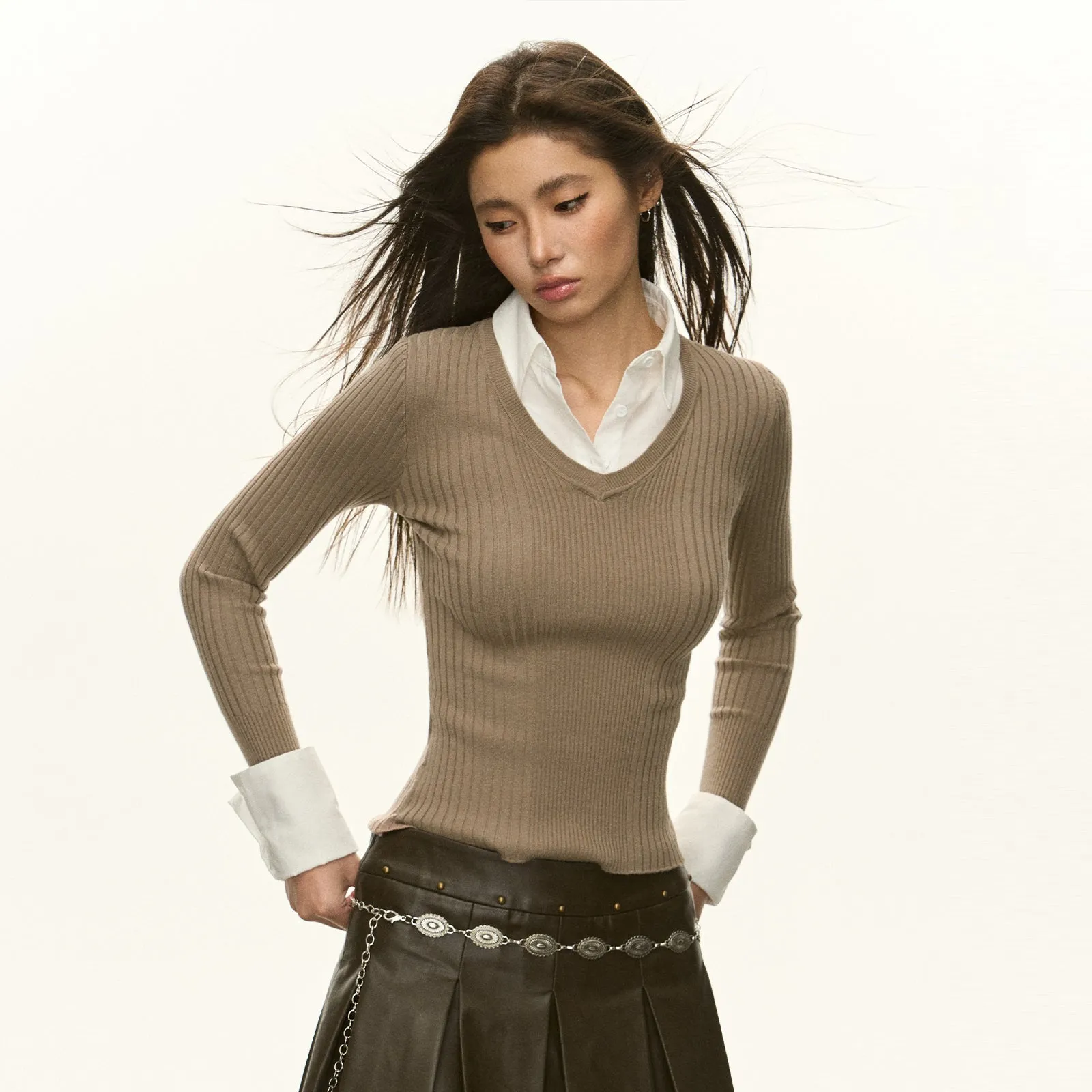 Mock Two-Piece Sweater with Buttoned Cuffs