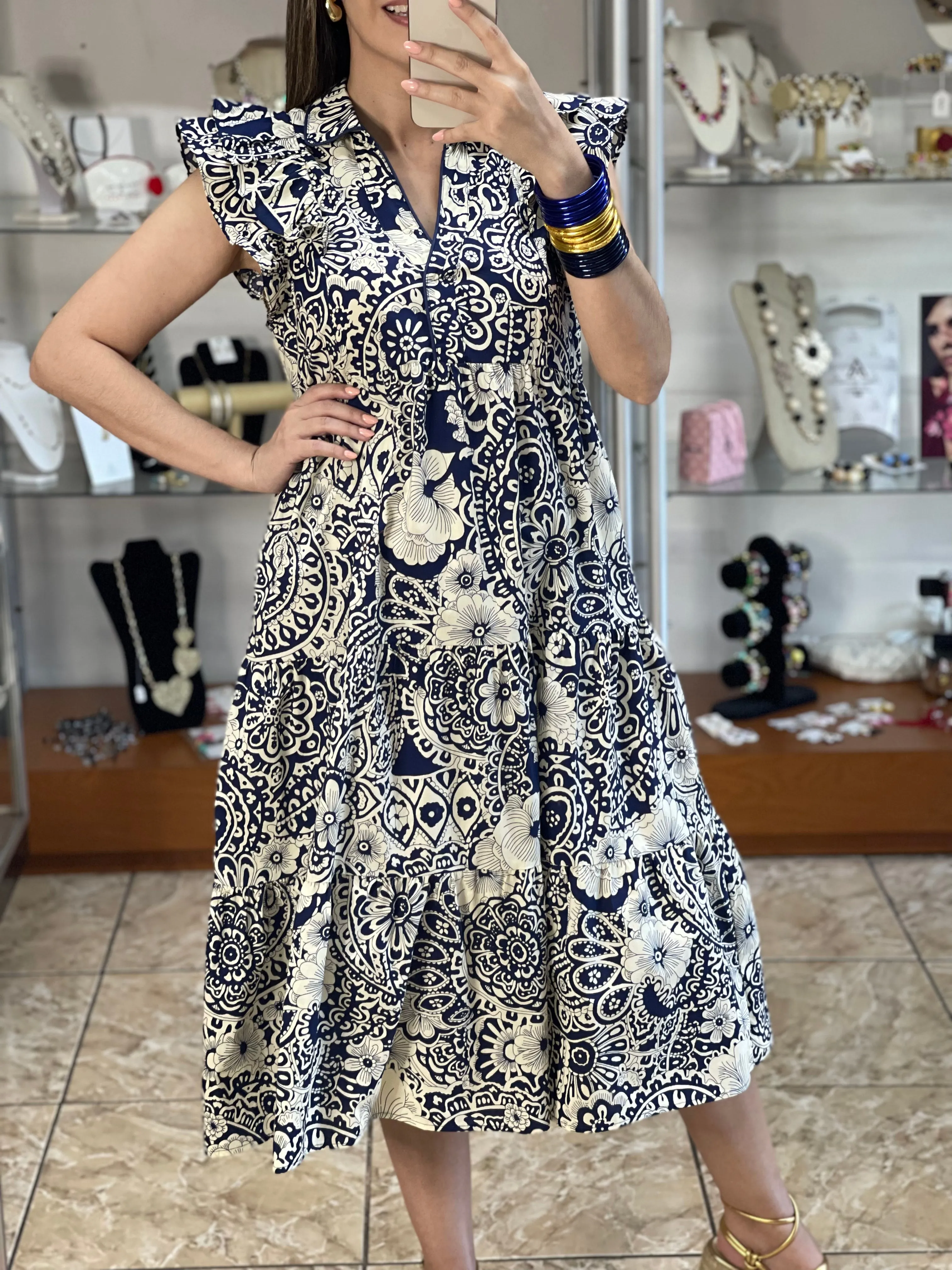 Navy Mix Paisley Midi Dress