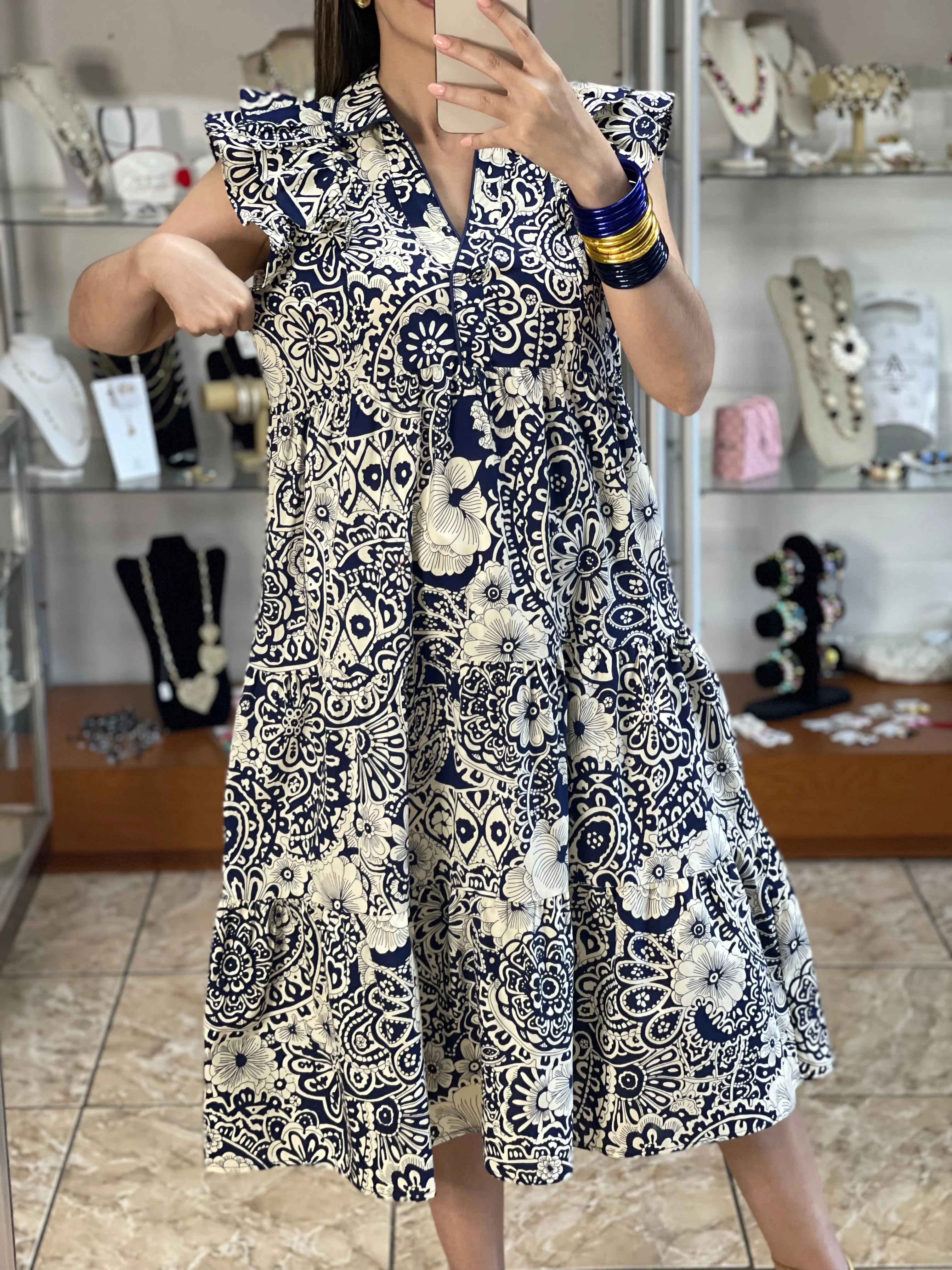 Navy Mix Paisley Midi Dress