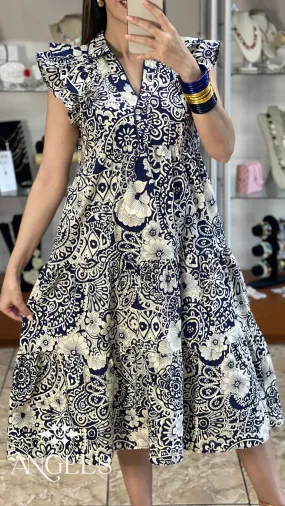 Navy Mix Paisley Midi Dress