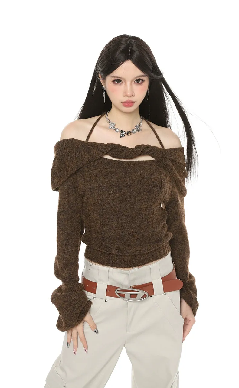 Off-Shoulder Twist Trim Knit Sweater Top