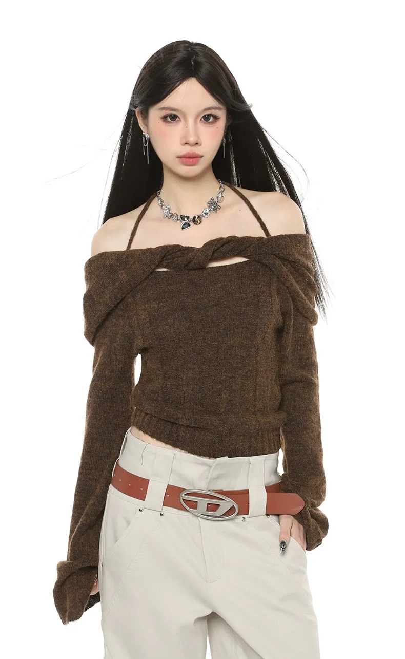 Off-Shoulder Twist Trim Knit Sweater Top