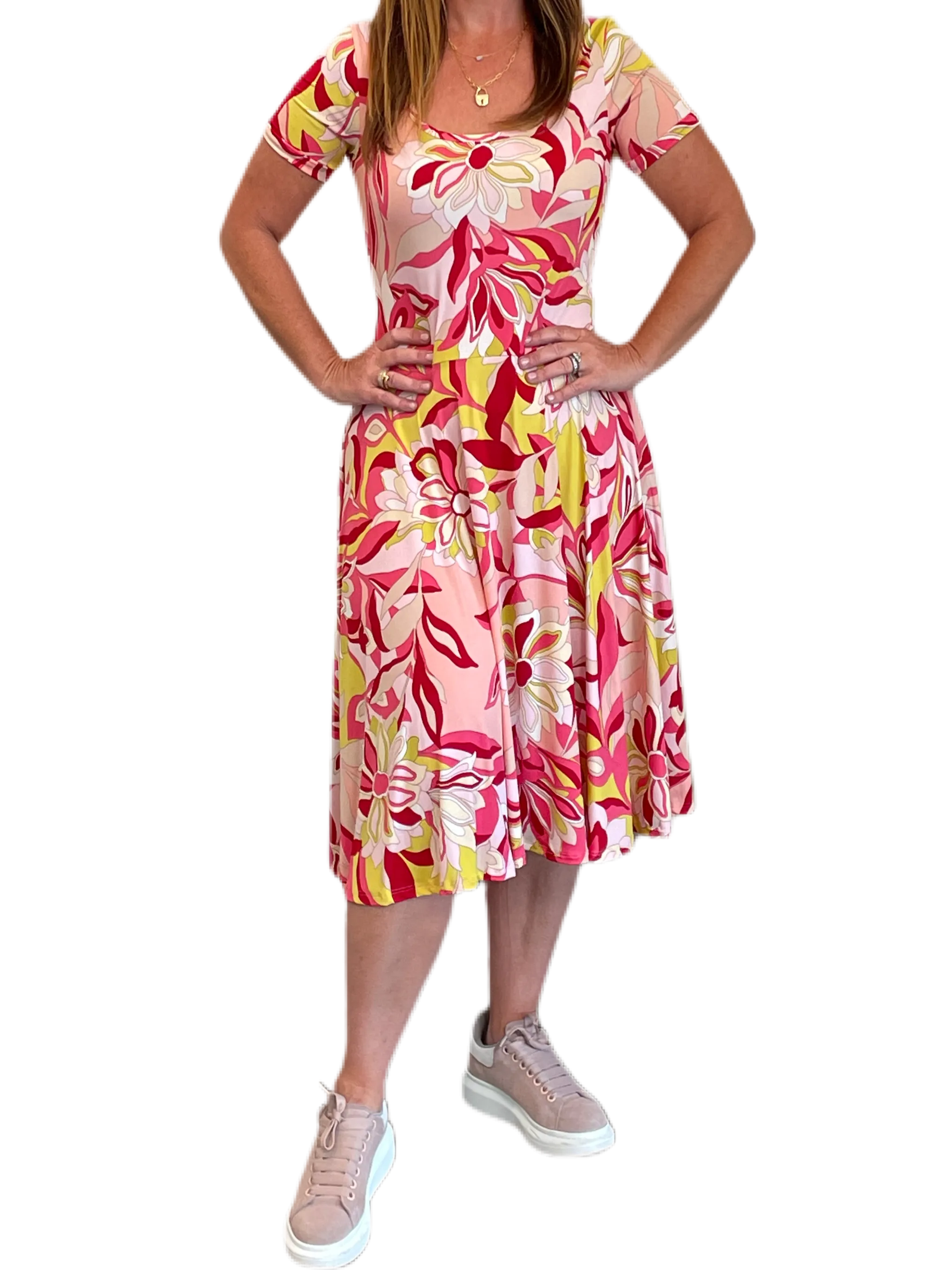 Pink/Citrus/Ivory Floral Swirl Printed Jersey Fit and Flare Dress