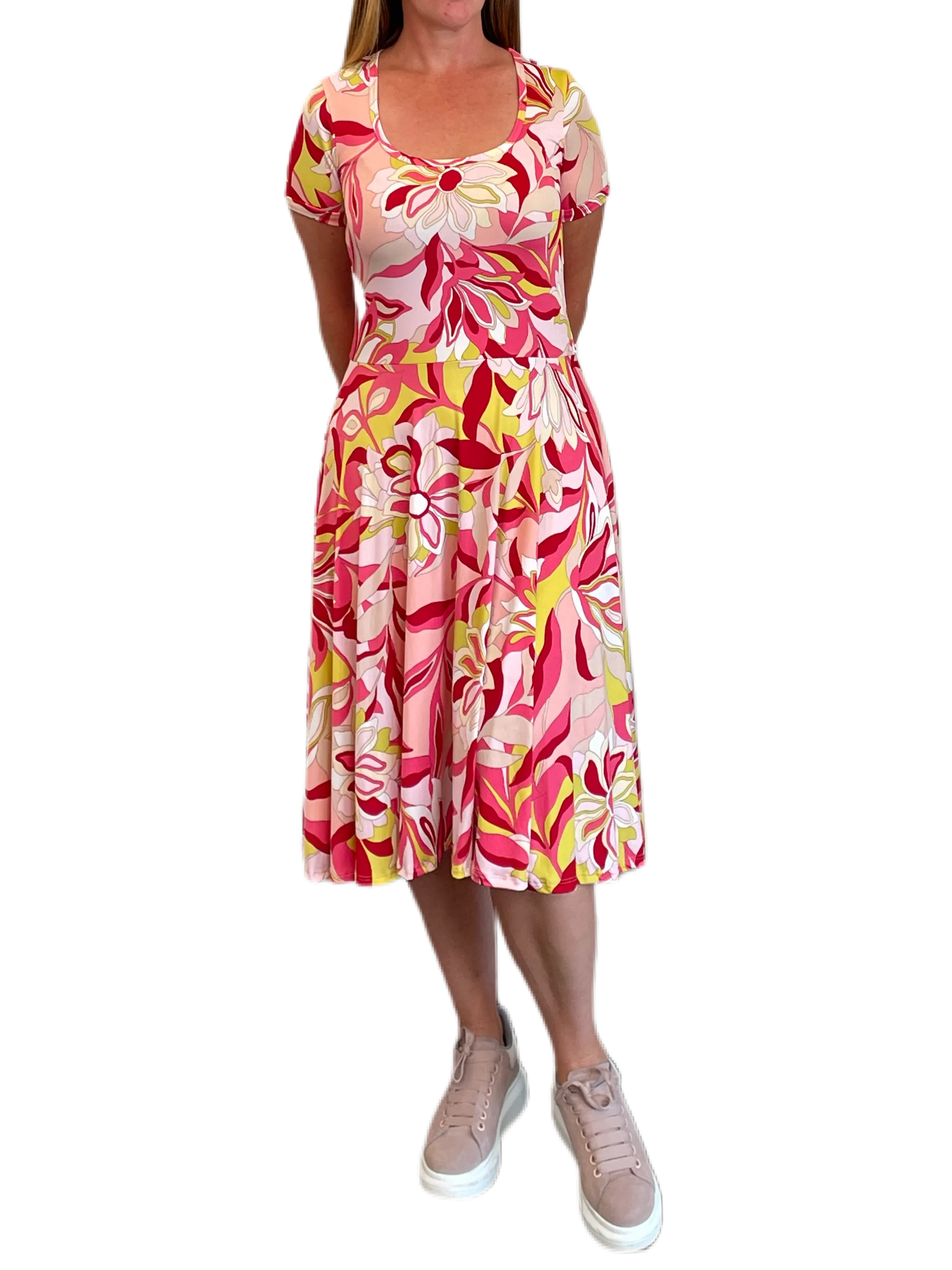 Pink/Citrus/Ivory Floral Swirl Printed Jersey Fit and Flare Dress