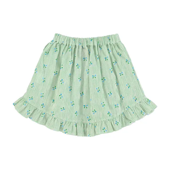 PIUPIUCHICK GREEN STRIPES W/ LITTLE FLOWERS SHORT SKIRT WITH RUFFLES
