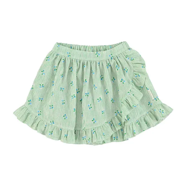 PIUPIUCHICK GREEN STRIPES W/ LITTLE FLOWERS SHORT SKIRT WITH RUFFLES