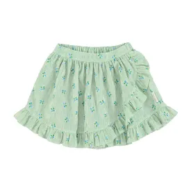 PIUPIUCHICK GREEN STRIPES W/ LITTLE FLOWERS SHORT SKIRT WITH RUFFLES