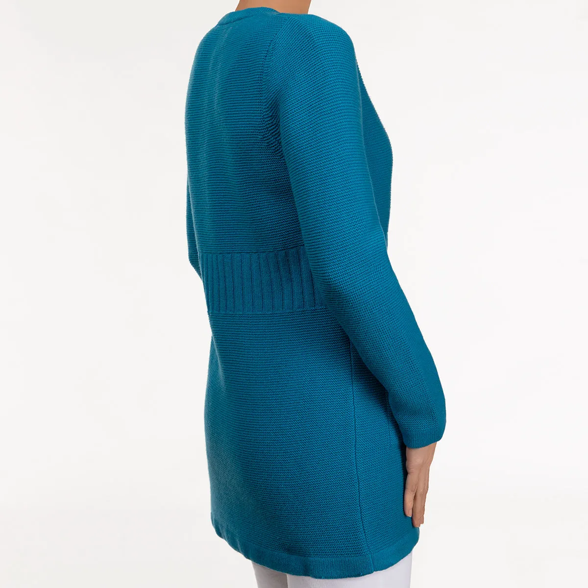 Rib Waist Long Cardigan in Turquoise