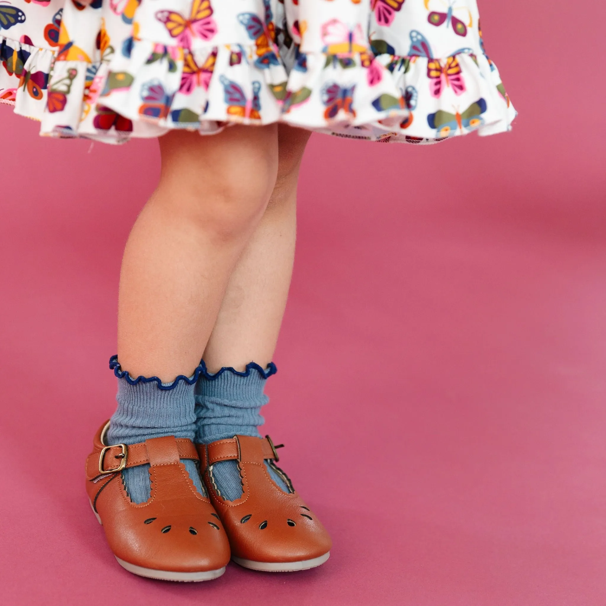 Ribbed Lettuce Trim Midi Socks - Denim/Navy