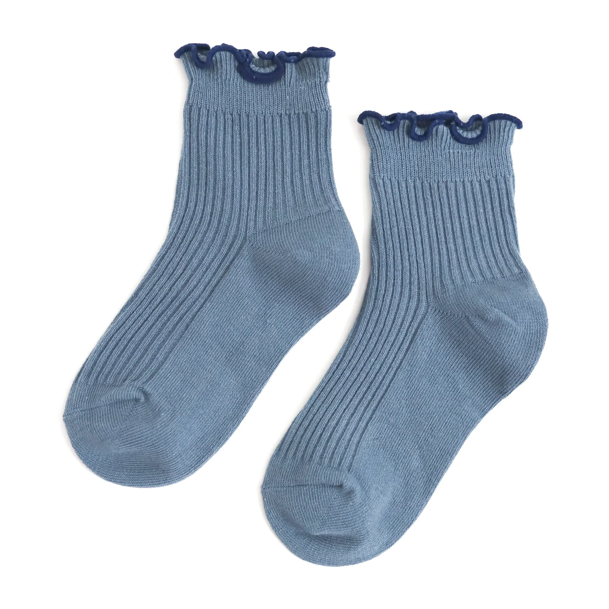 Ribbed Lettuce Trim Midi Socks - Denim/Navy