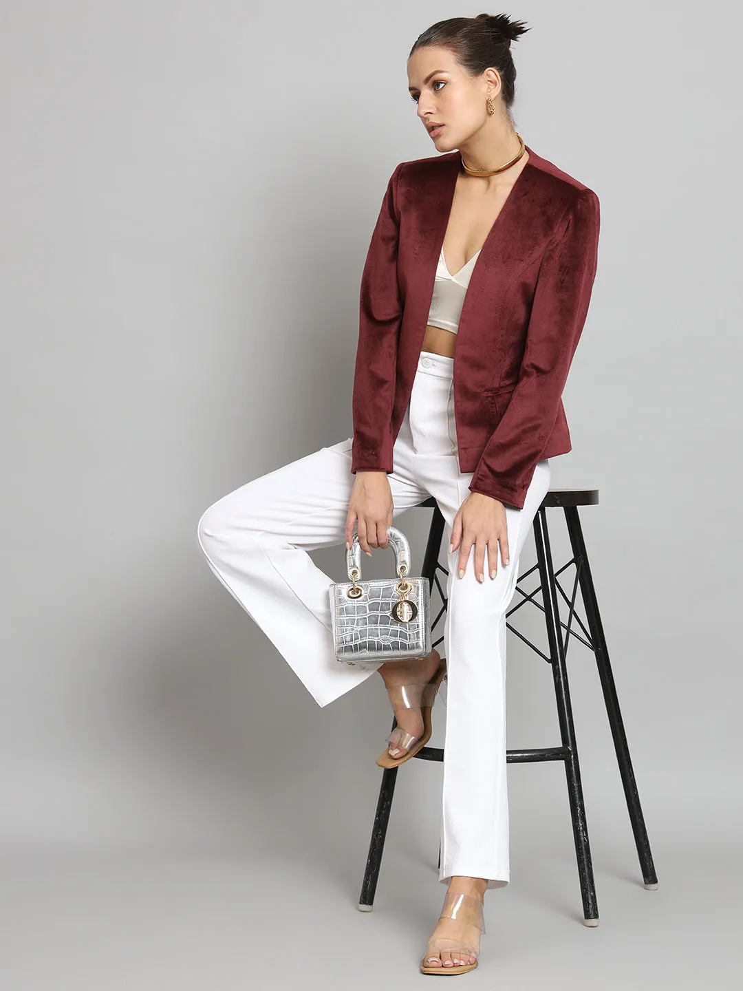 Short Velvet jacket without collar- Maroon