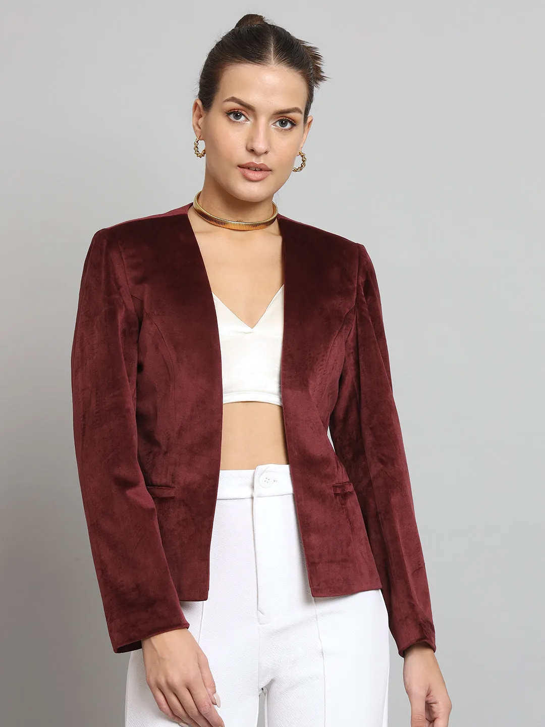 Short Velvet jacket without collar- Maroon