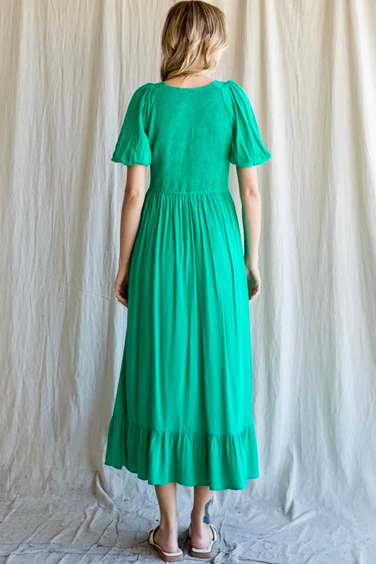 Smocked Tiered Puff Sleeve Midi Dress- Hunter Green